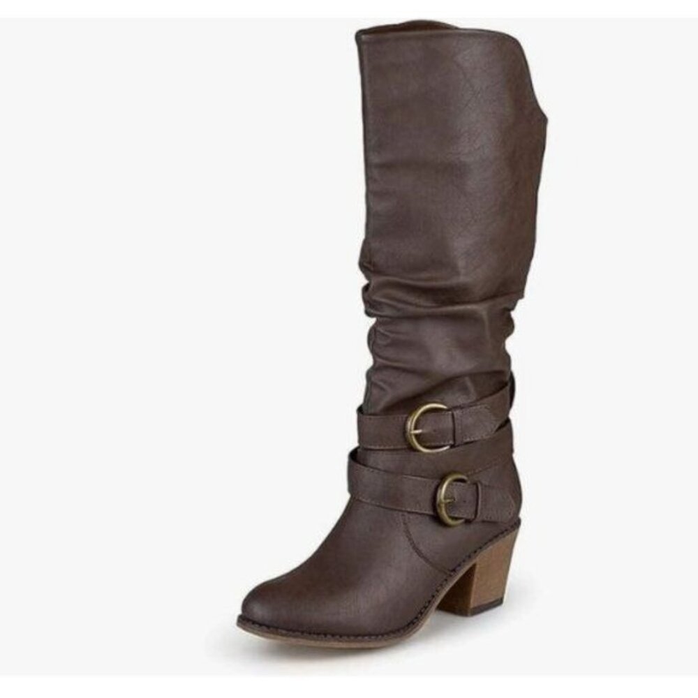 Darkbrown Slouchy Knee High Booties Round Toe Stacked Block Heels Long Boots